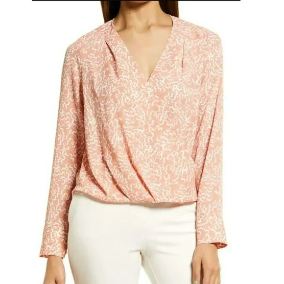 Halogen Blouse Womens P2XS‎ Pink Fluid Print Long Sleeves V Neck Cross Front Top - Picture 1 of 12
